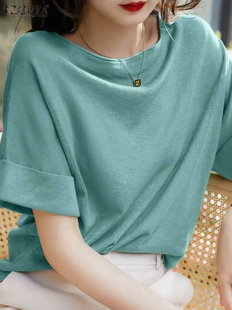 ZANZEA-blusa elegante de oficina para Mujer, camisa informal de media manga con cuello redondo, Túnica de punto gris y verde, Verano