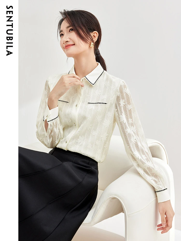 SENTUBILA Lace Shirt Women Elegant Long Sleeve Tops Woman Spring Autumn Contrast Jacquard Button Up Shirts & Blouses 133S50934