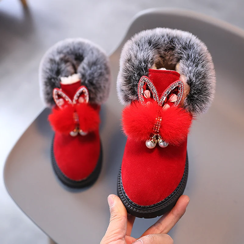 

Children's Warm Plush Boots Winter Girls Furry Ankle Boots New Cute Hairball Fashion Kids Causal Thermal Cotton Boots Hook Loop