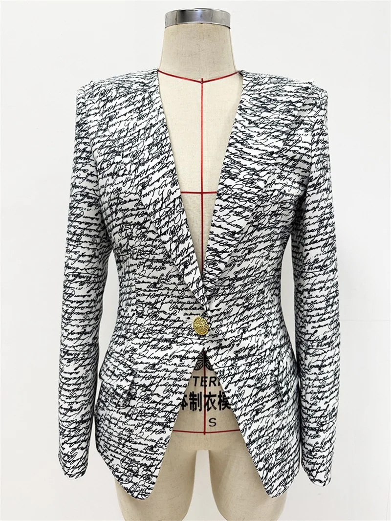 سترة نسائية بيضاء مطبوعة جديدة لعام 2025 سترة سوداء بنمط نص مكتوب بخط اليد مع أزرار ذهبية وأكمام قصيرة ملابس مكتبية مقصوصة #2