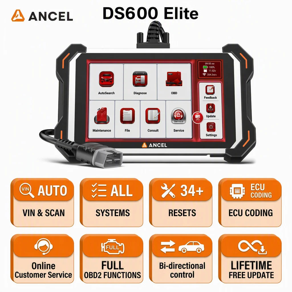 ANCEL DS600 Elite Professional OBD2 Scanner ECU Coding Bidirectional Diagnostic Tool Full System Car Scan Tool 35 Service Functions IMMO Key Programming CAN FD DoIP