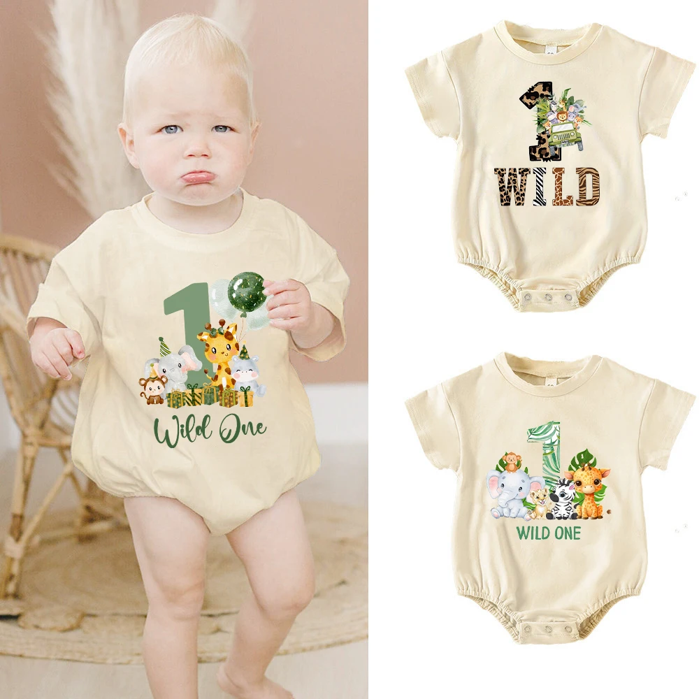 Wild One Animal Printed Short Sleeve Bubble Romper Newborn Oversized Jumpsuit Infant Birthday Party Clothes Baby Shower Bodysuit