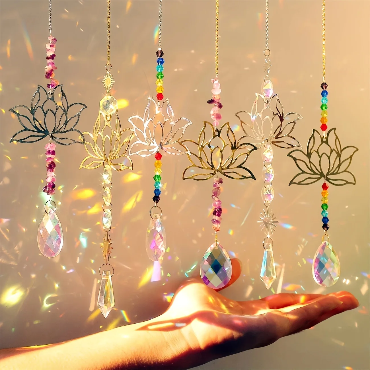 6pcs Lotus Glass Light Catcher Set - Chakra Bead Crystal Ornaments for Home Window Display, Wedding Decoration