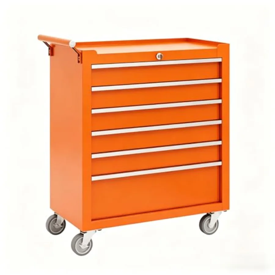 Rolling Tool Chest for Garage and Workshop: 6-Drawer Portable Tool Cabinet in Orange with Wheels, Locking System, and Drawer Li