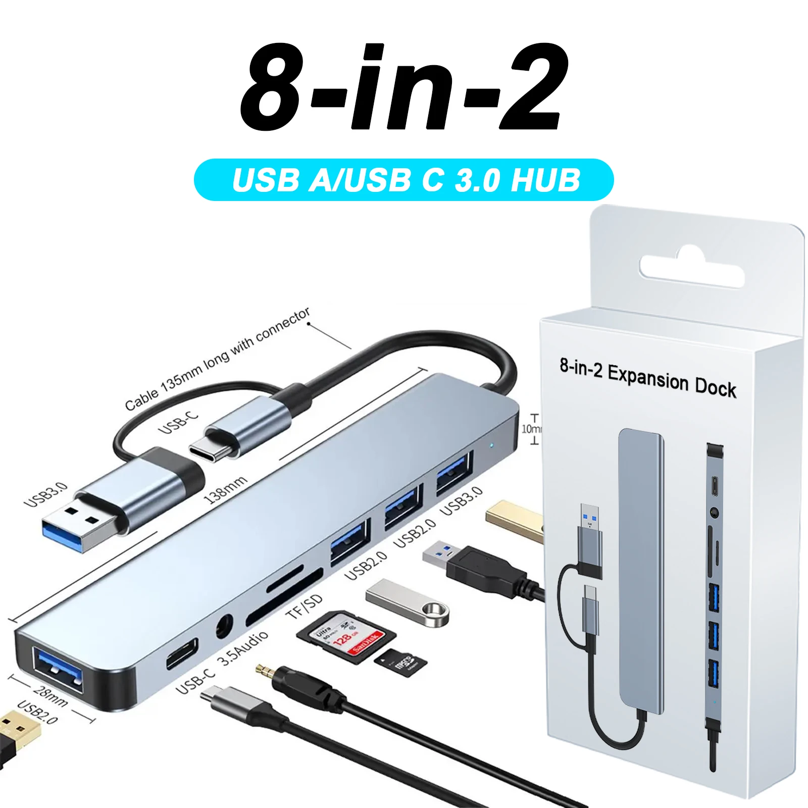 USB A USB C HUB 8 w 2 koncentrator stacja dokująca Multi Adapter czytnik kart SD TF Audio multi-hub rozdzielacz dokujący dla MacBook PC