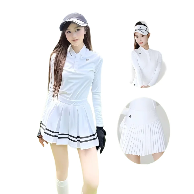 

SG Женская одежда для гольфа Весна-Осень Рубашка поло с длинными рукавами Женские дышащие тонкие топы Юбки для гольфа с высокой талией Плиссированные теннисные шорты