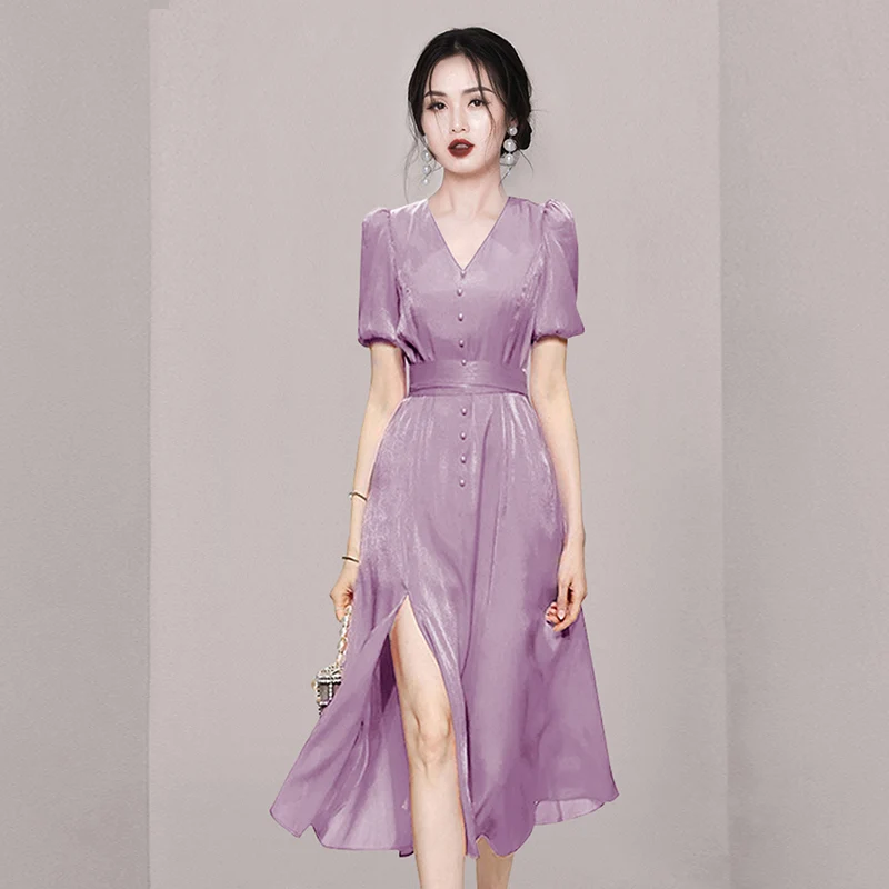 New 2022 Elegant Summer Women V Neck Solid Hight Waist Slim Short Sleeve Casual A Line Midi Office Party Dress Vestidos