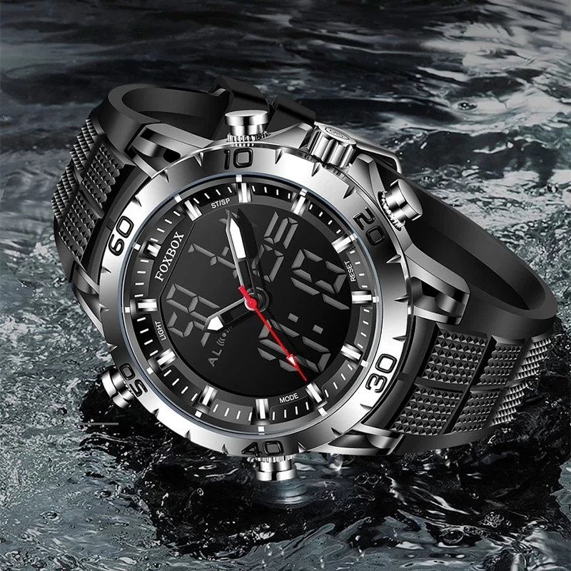 FOXBOX Mens Watches Top Brand Luxury Sports Dual Display Quartz Watch Man Military Waterproof Clock Digital Electronic Watch+Box
