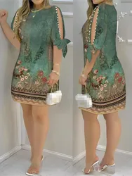Women Floral Print Split Sleeves Pearls Decor Mini Dress New Spring Summer Half Sleeves Short Casual Loose Dresses Femme Robe