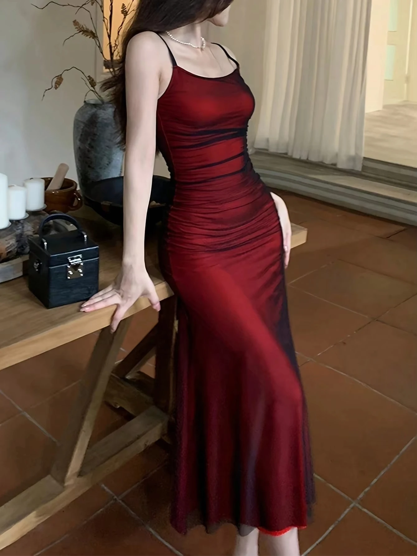 

Elegant Camisole Red off Shoulder Sleeveless Pleated Skirt for Women's Slim fit Long Dress summer beach vacation party dress