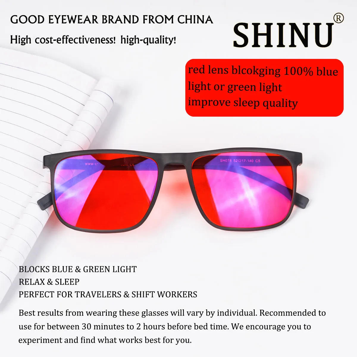 SHINU Good Sleep Blaulicht-blockierende Brille für Herren, rote Gläser, Anti-Grünlicht, beseitigt die Belastung der Augen, kann individuell angepasst werden – Detail 28