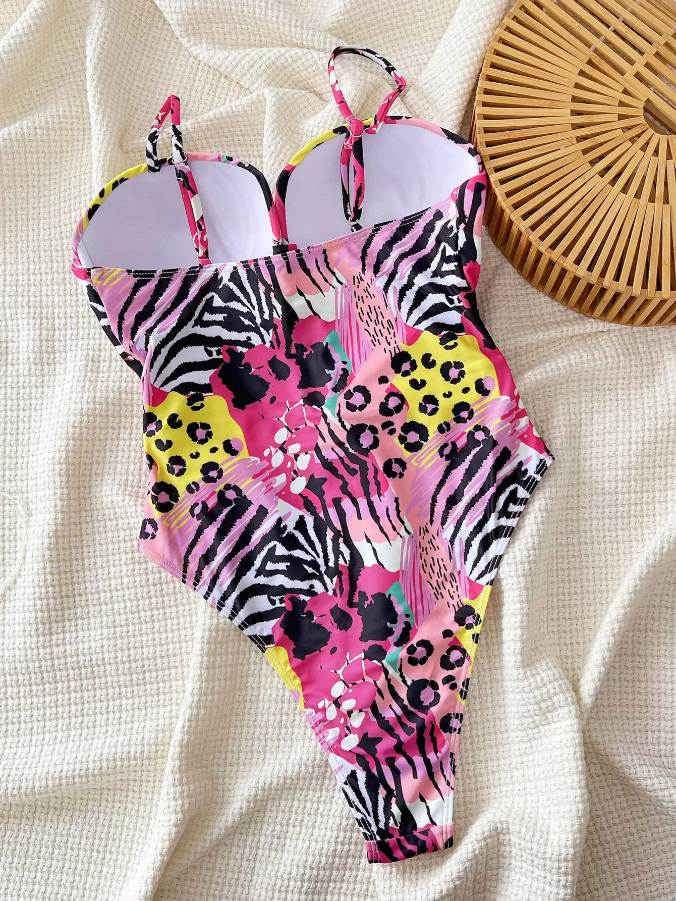 sexy pink leopard print swimsuit one piece hollow out thong Bikinis Swimwear Swimsuits beach outfits bodysuit biquini tankini