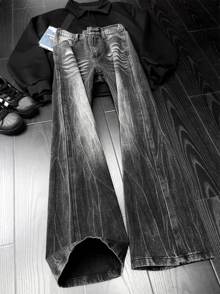 Cleanfit American Style Lightning Pattern Black Jeans Men's High Waist Straight Leg Jeans Lengthening Legs Effect Street Style