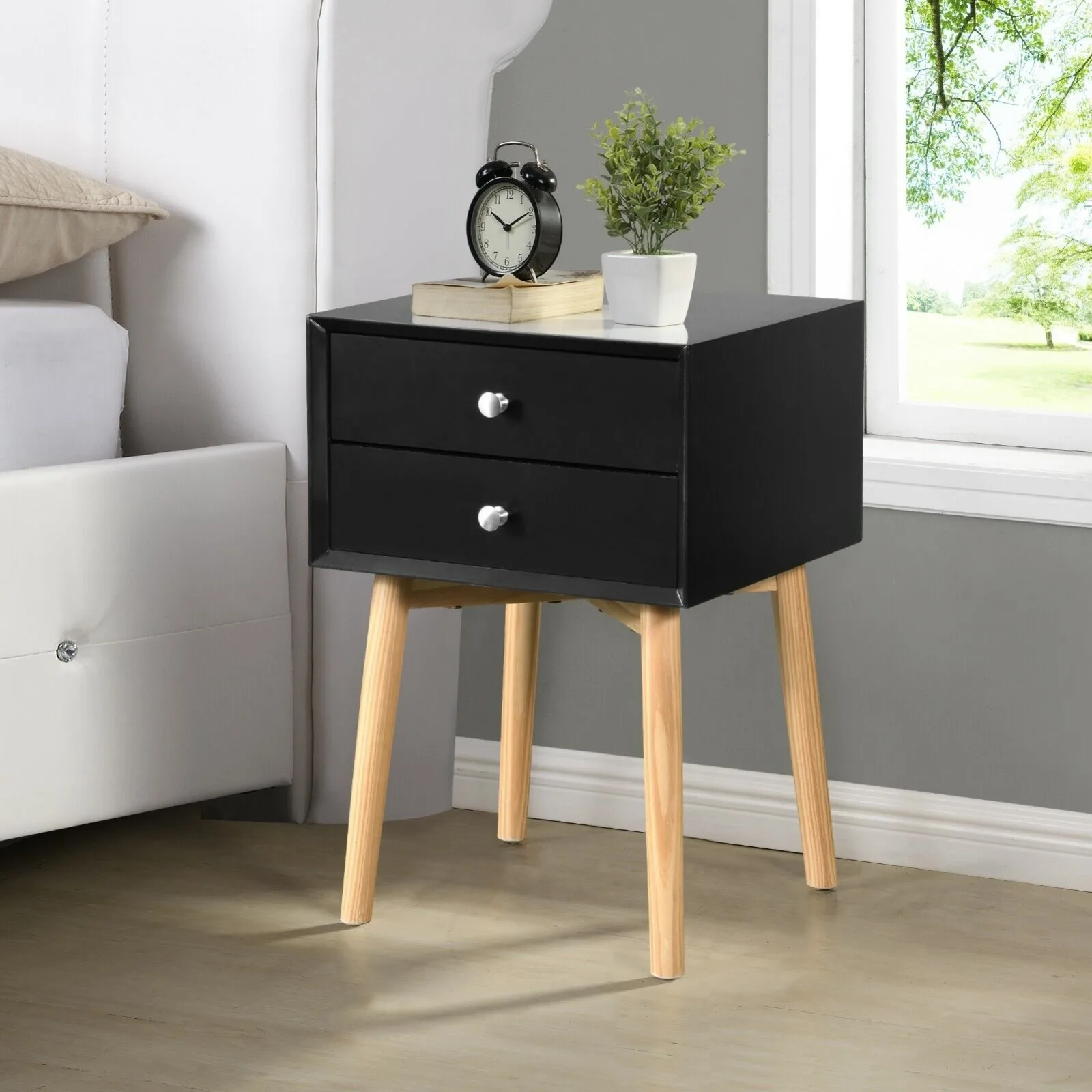 

US Side Table with 2 Drawer and Rubber Wood Legs, Mid-Century Modern - Black