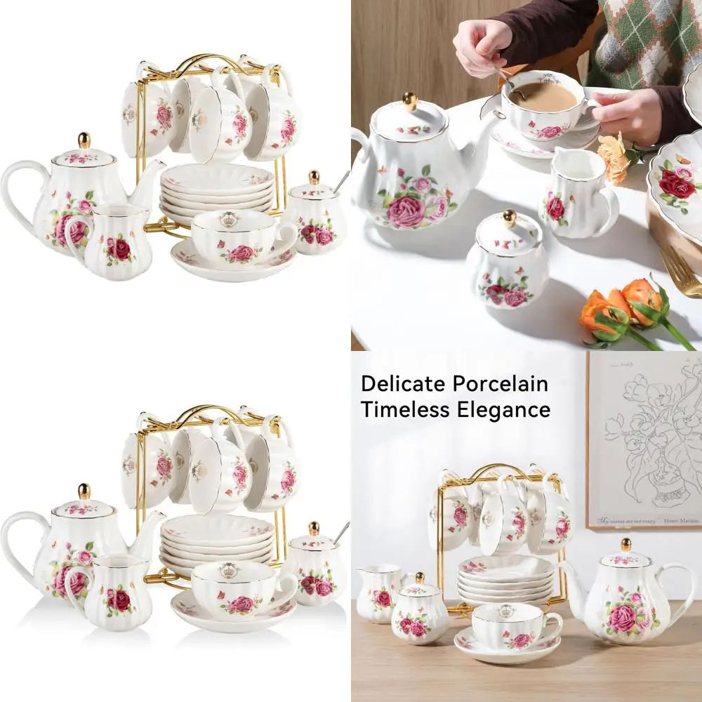 

Royal British Porcelain Tea Set, 8oz Cups & Saucer, Service for 6, with Teapot, Sugar, Creamer, Teaspoons, Strainer, Ideal for H
