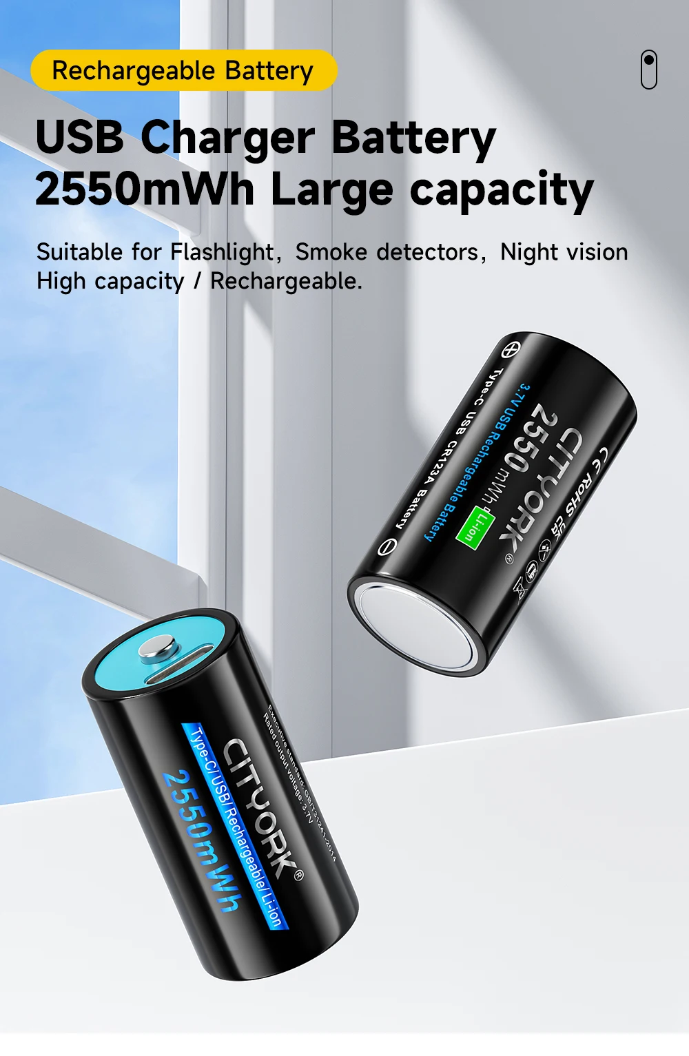 CITYORK CR123A Akku 2550 mWh 3,7 V wiederaufladbare Li-Ion 16340 Akkus 16350 RCR123 Akku für LED-Taschenlampe + USB-Typ-C-Kabel – Detail 1