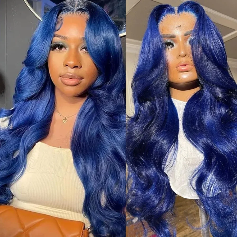 

Синтетический парик с кружевной передней частью 13x4, 32 дюйма, темно-синий, с эффектом волн, предварительно выщипанный, с прозрачным кружевом, для женщин