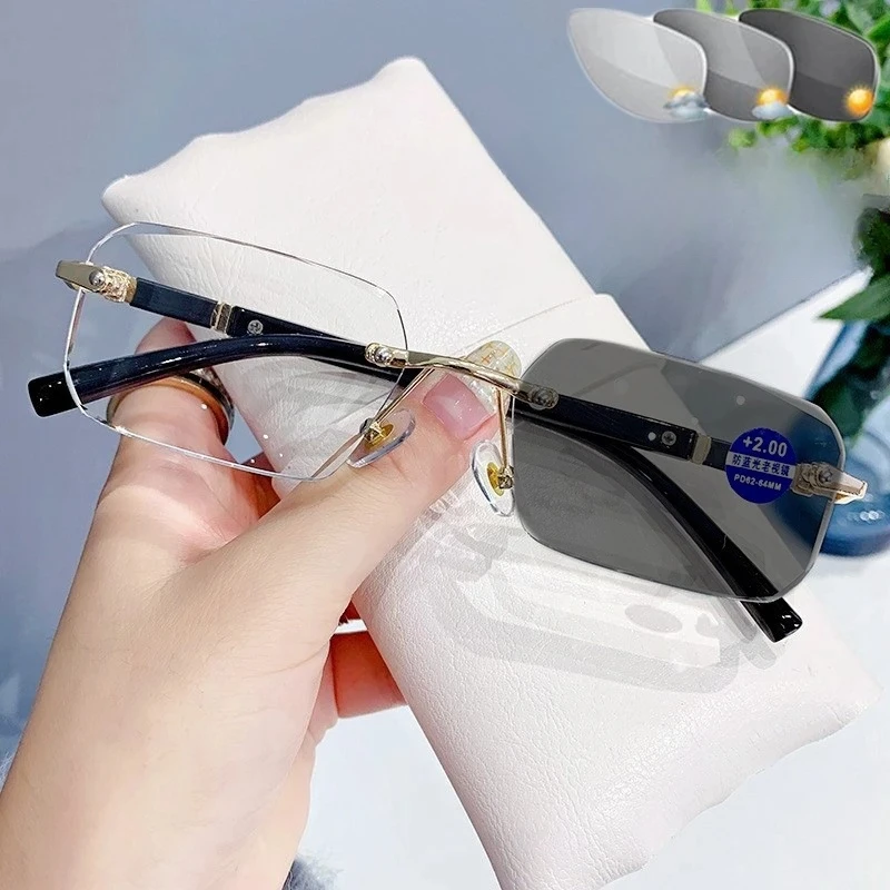 Trendige photochrome randlose Lesebrille, hochwertige kommerzielle Lesebrille, kleine quadratische Farbwechselbrille