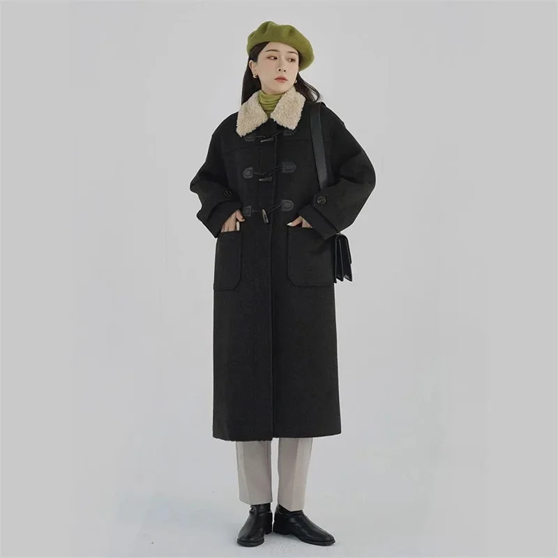 

Winter 2022 New All-in-one Loose Thickened Preppy Hoodie Medium Long Horn Button Woolen Coat Women's Solid Color Commuter Coat X