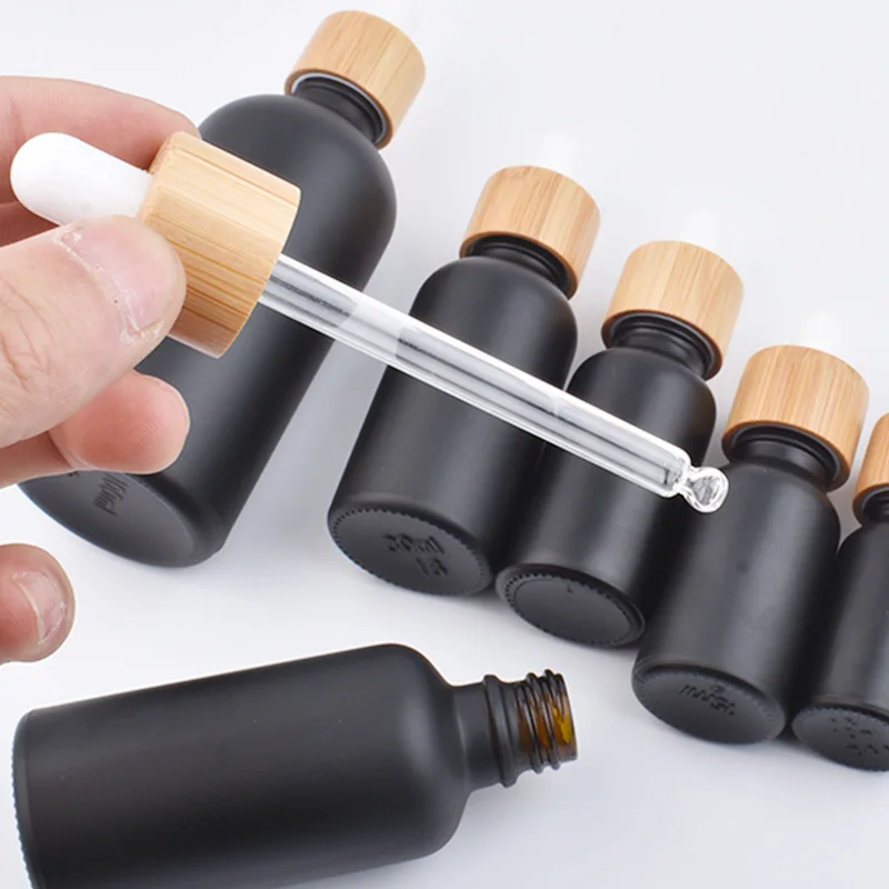 12pcs Natural Bamboo Cap Black Glass Dropper Bottle Aromatherapy Liquid serum/essential basic massage oil Pipette Refillable