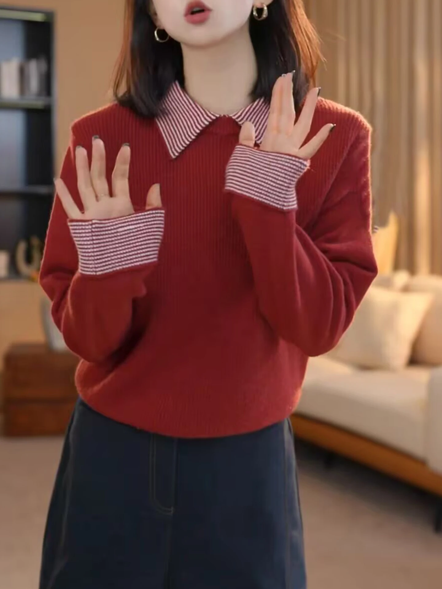 Blusa de Tricô Versátil com Gola  Confortável de Manga Longa Casual de Inverno em Camere para Mulheres Moda Estilo Coreano