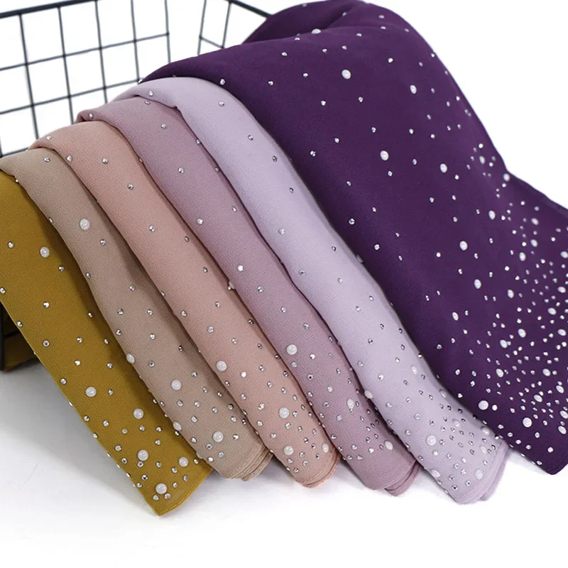 180*70CM New Plain Diamond Beads Bubble Chiffon Instant Hijab Shawls Solid Thick Head Wraps Foulard Sjaal Muslim Bonnet Cachecol