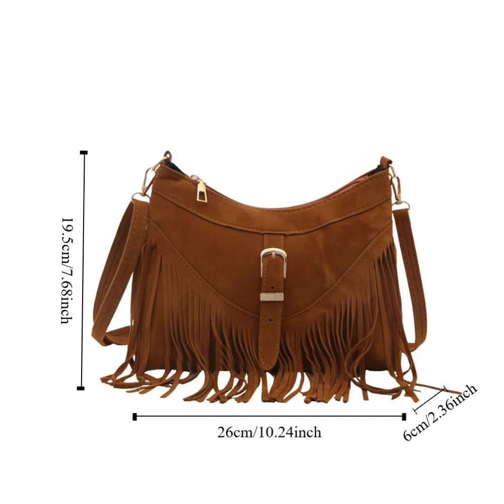 Fashion Korean Style Tassel Shoulder Bag Solid Color PU Leather Suede Handbag Bohemian Style Zipper Underarm Packs Women image 4