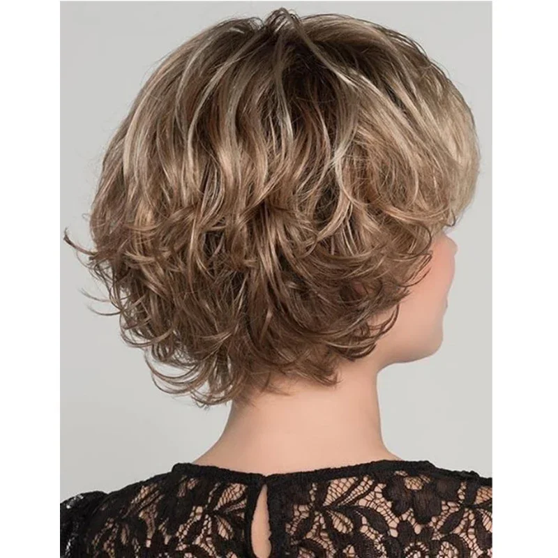 フリンジ付きの短い合成巻き毛,金髪,金髪,金髪,ふわふわ,耐熱繊維,12インチ,ピクシーカットウィッグ,日常のパーティー用