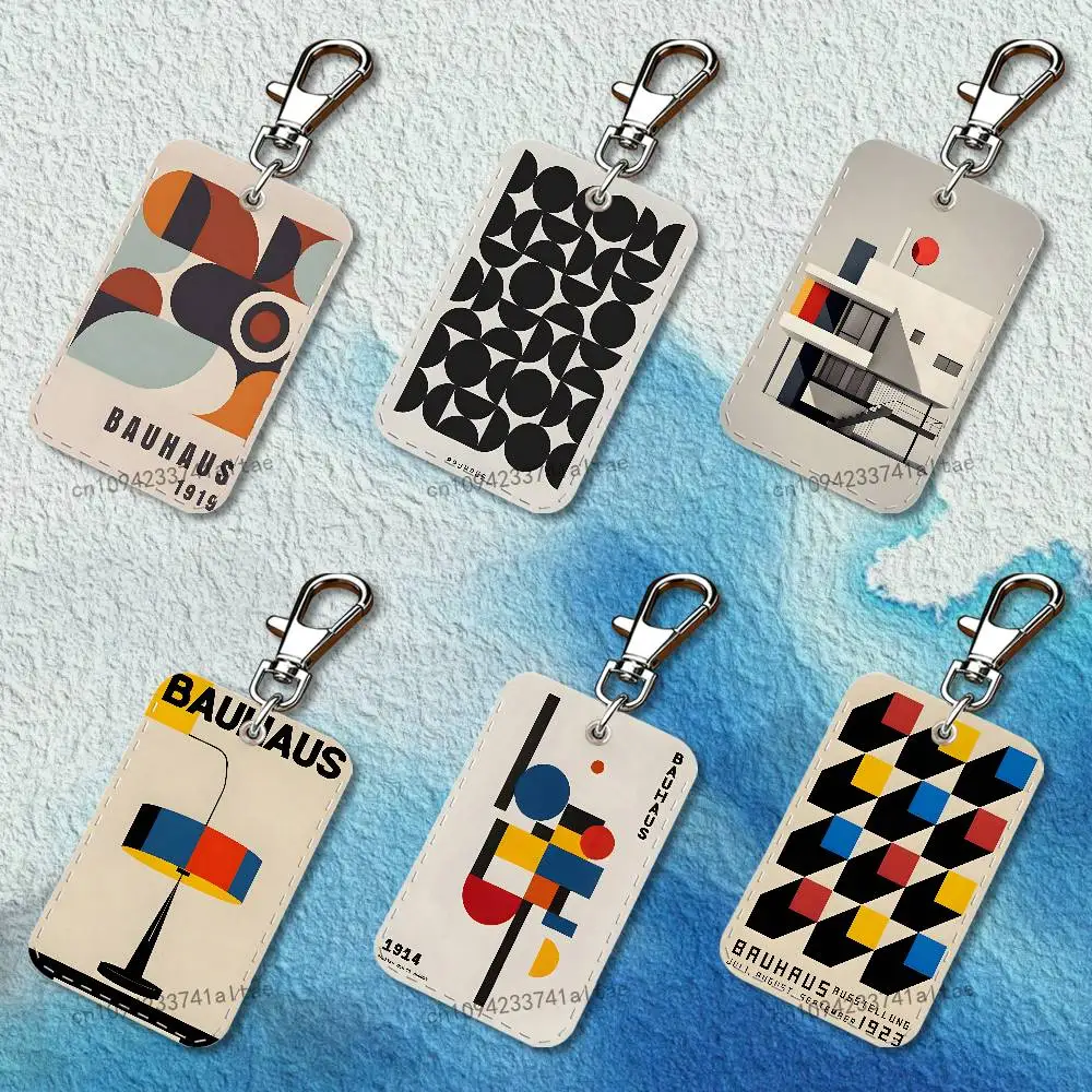 B-Bauhaus Exhibition Rectangle Access Card Case Leather Card Holder Keychain Key Ring Transportation Card Case