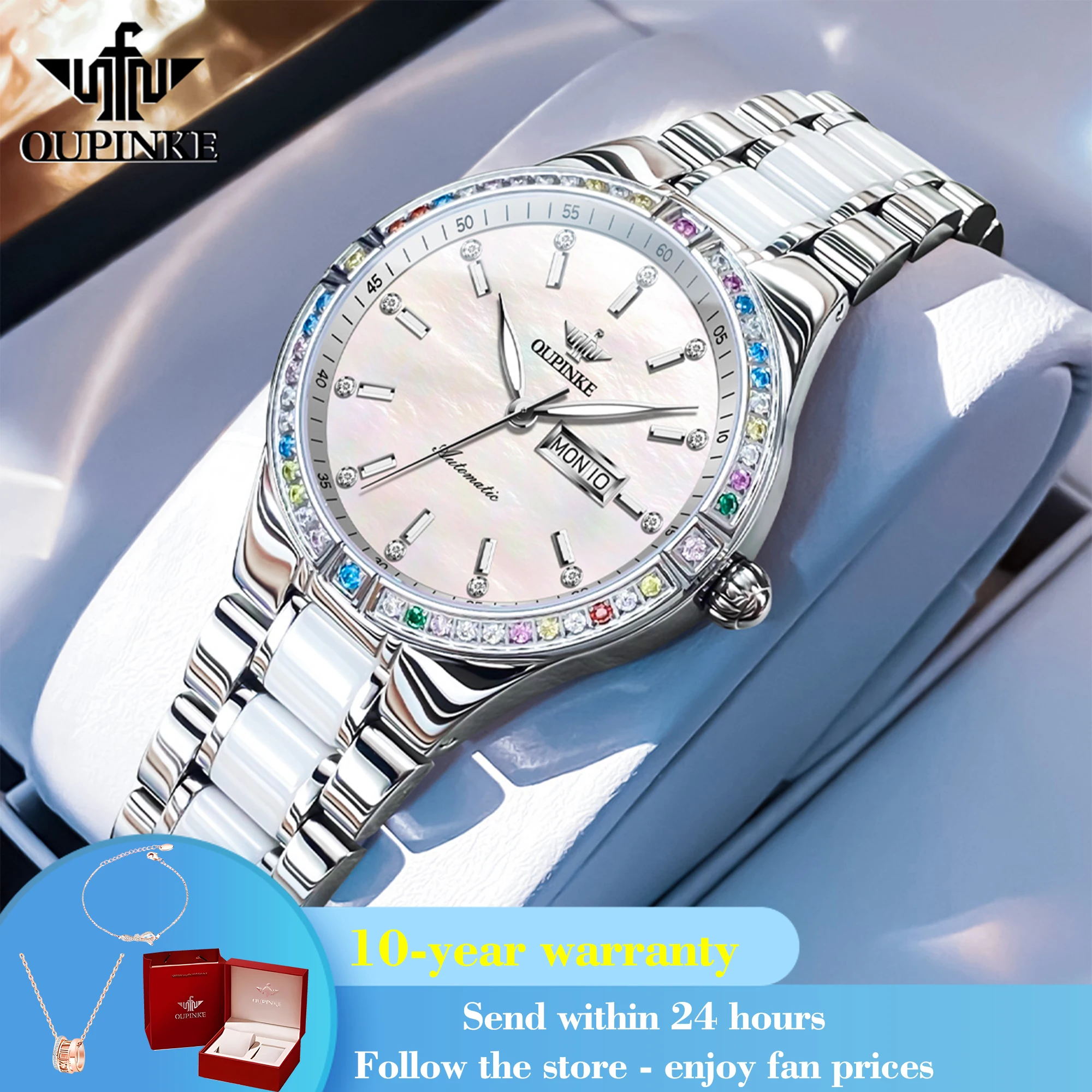 OUPINKE 3283 Luxury Dual Calendar Automatic Watch For Women Diamond Waterproof Mechanical Wristwatch Ceramic Steel Strap Watches