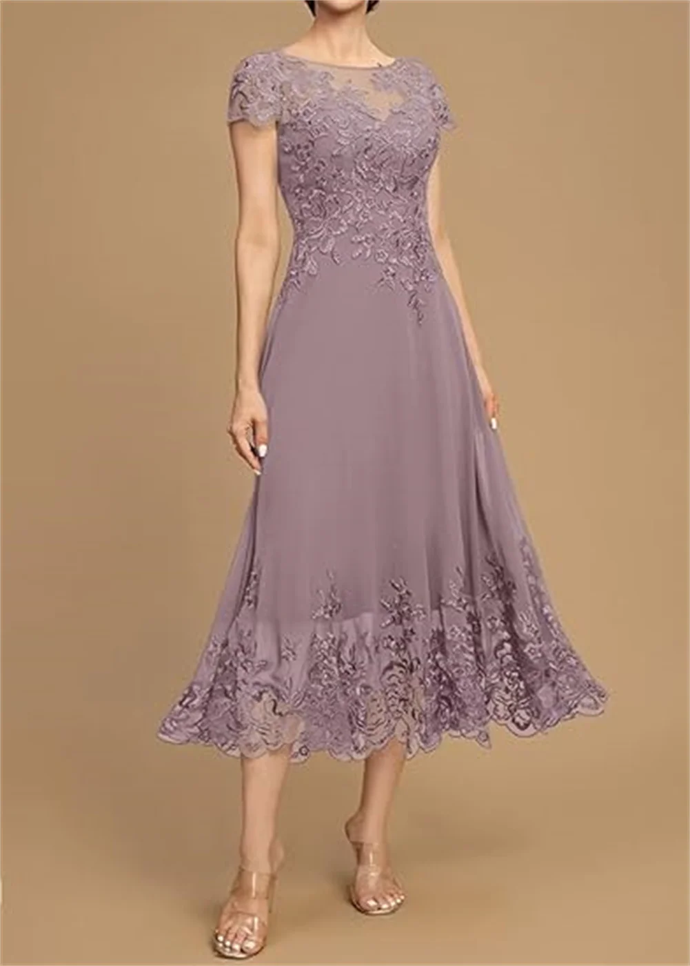 تخصيص ألف خط المرأة فساتين أم العروس طول الشاي لحفل الزفاف الشيفون الأربطة يزين فستان الجدة قصيرة الأكمام #1