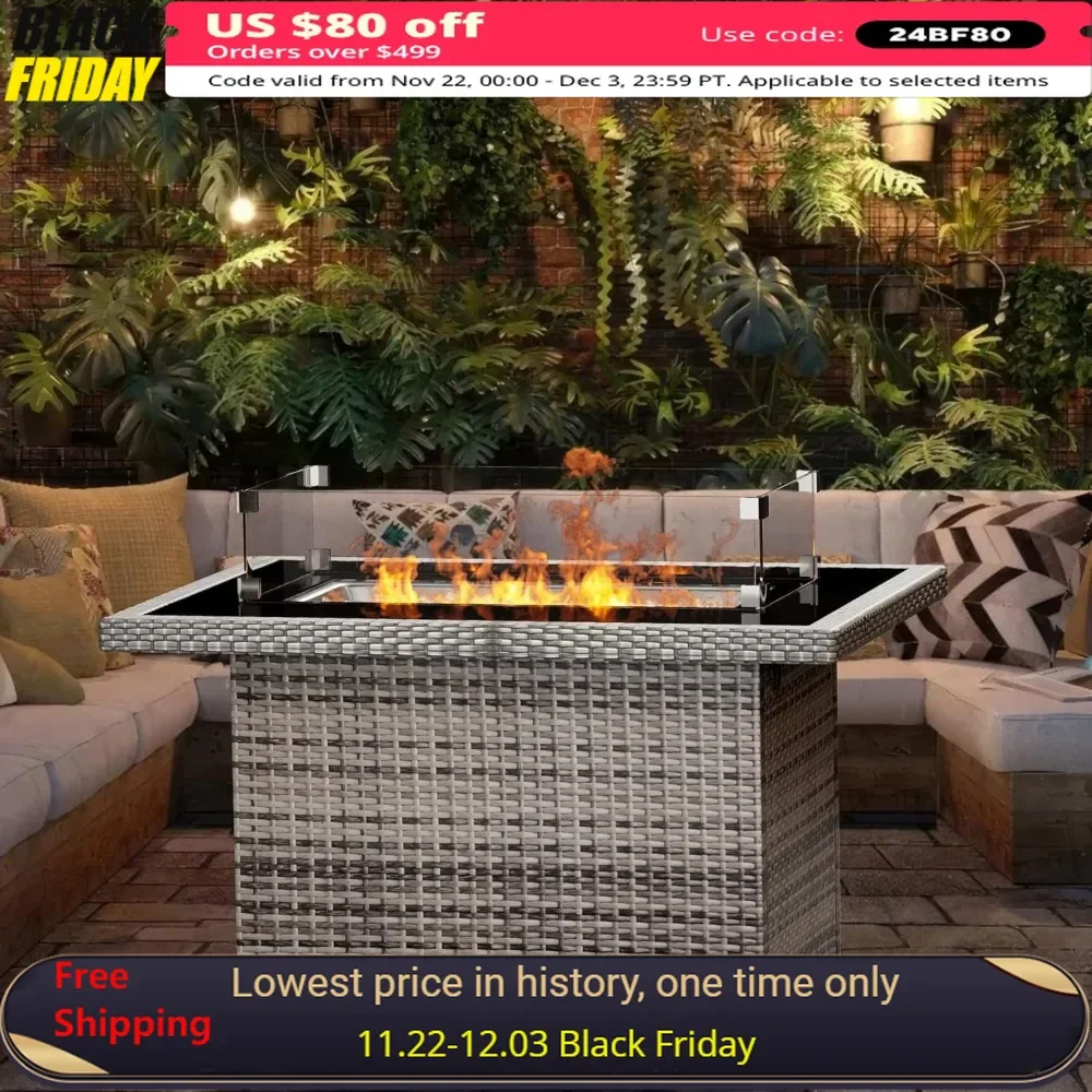 44-Inch Fire Pit Table, Glass Top, Hand Weave Rattan, Wind Guard, Waterproof Cover, Fires Bead, 60,000 BTU Flame, Fire Pit Table