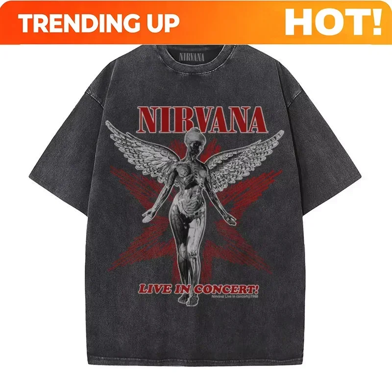 Customization Nirvana Band Rock Apocalyptic Cobain Loose Washed Vintage T-Shirt Punk Style Short Sleeve Round Neck Art Theme Pri