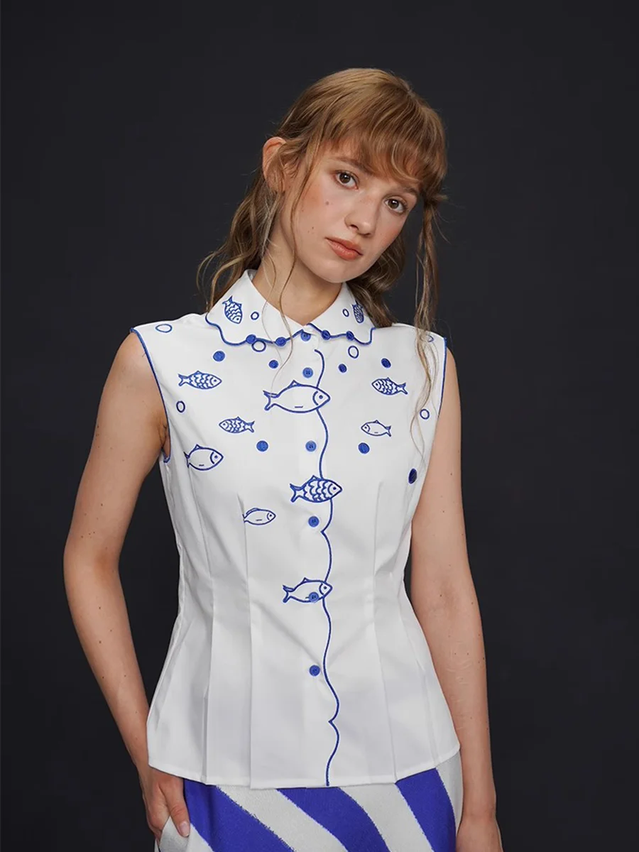 Sommer-Hemd mit Fischgräten-Stickerei für Damen, elegantes Oberteil für Damen