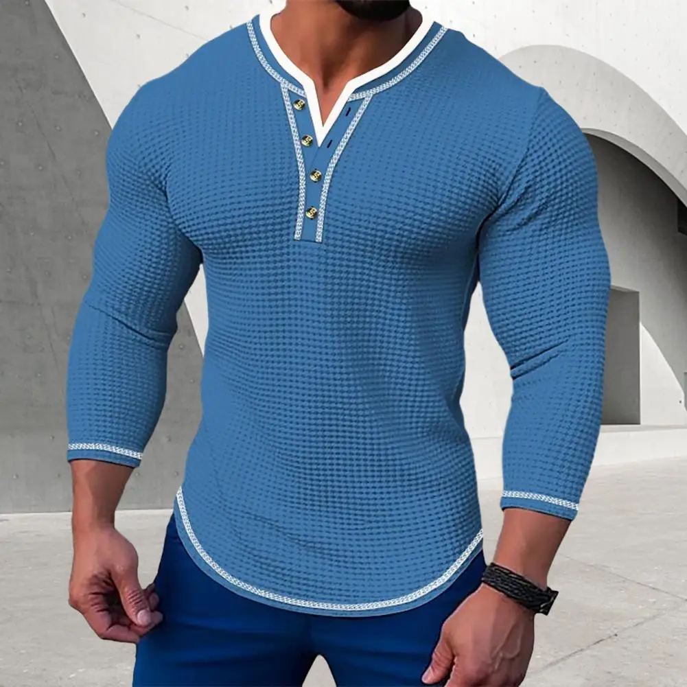 Casual Long Sleeve T-shirt for Men Men's Slim Fit Waffle Texture Long Sleeve T-shirt with Henry Collar Button Details Soft