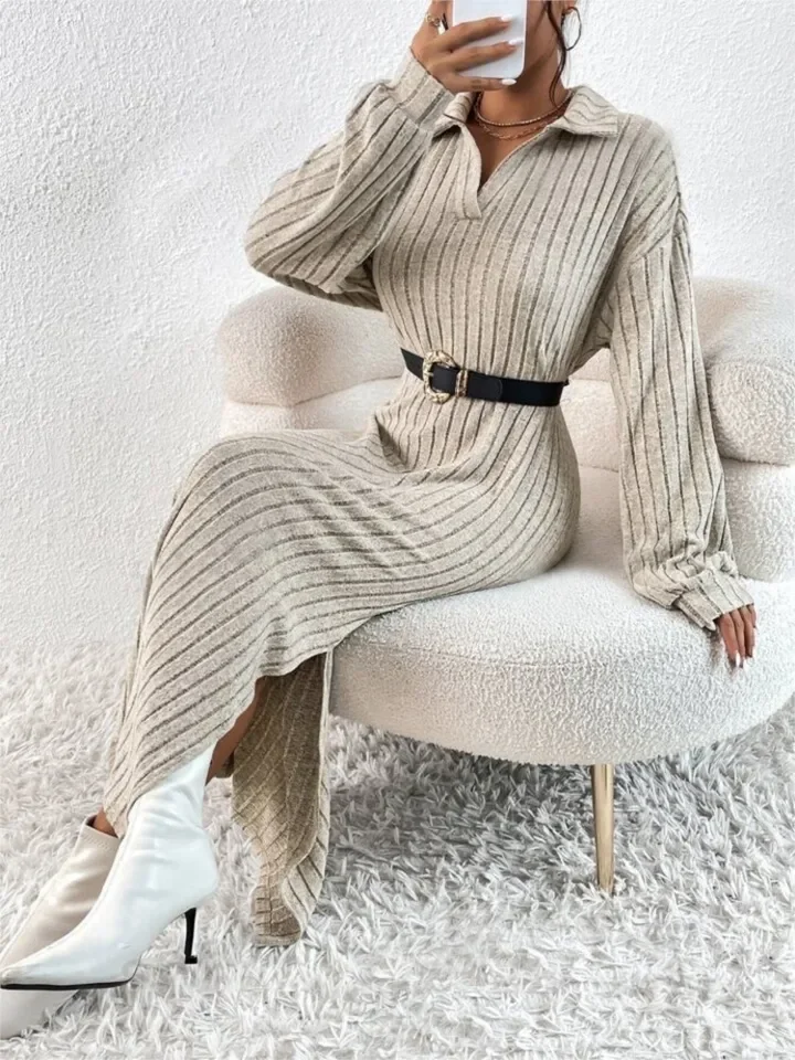 Fashion Knitted Off-shoulder Long-sleeved Loose Women's Dress Autumn New Casual Simple Slit Elegant Female Office Dresses 2025