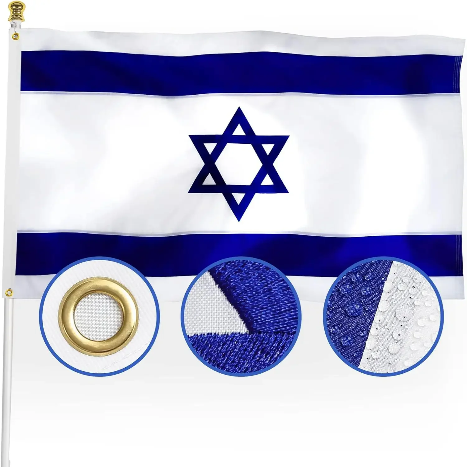 90X150CM Embroidered Israel Israeli Flag 3x5 Outdoor 210D Nylon Sewn Stripes 4 Stitch Hemming Brass Grommet