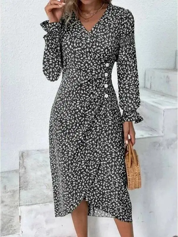 우아한 플로럴 플리츠 H라인 미디 드레스 여성용 V넥 퍼프 소매 허리 주름 버튼 드레스 여름 원피스 WJR8