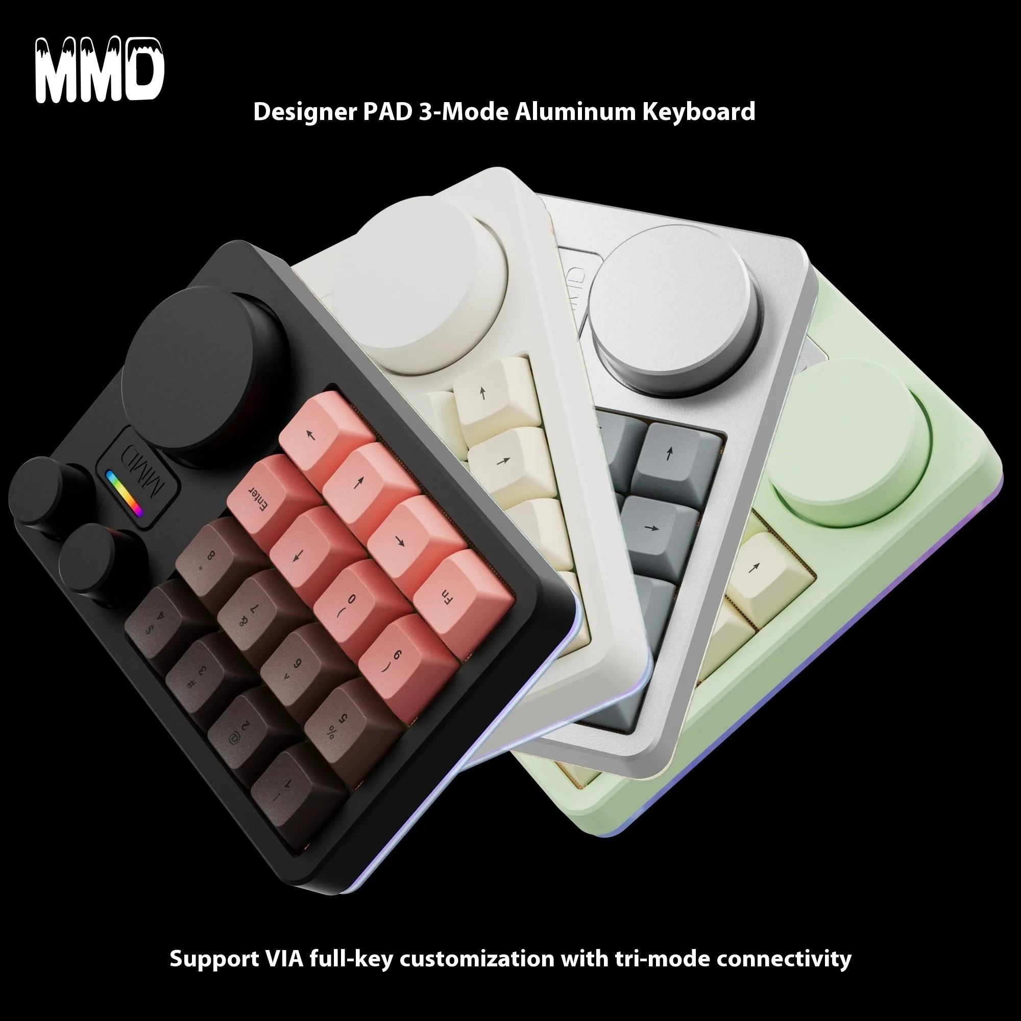 MMD KM16 Pro لوحة مفاتيح ميكانيكية صغيرة من سبائك الألومنيوم ثلاثي الوضع مصمم ثلاثة مقبض مخصص لـ PS PR C4D ترتيب التحرير هدية