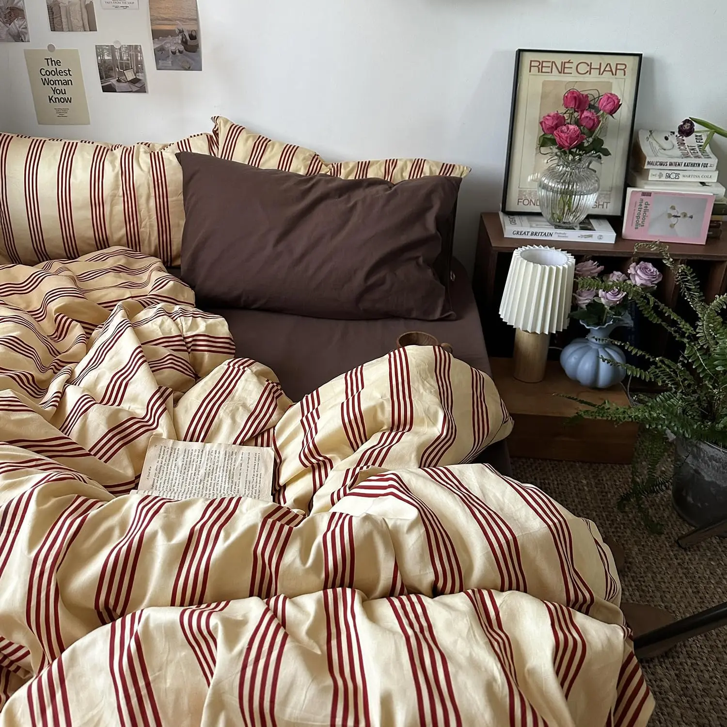 

Retro Striped Duvet Cover Set Queen - 100% Cotton Vintage Red Pattern, Soft Breathable with Zipper & Ties