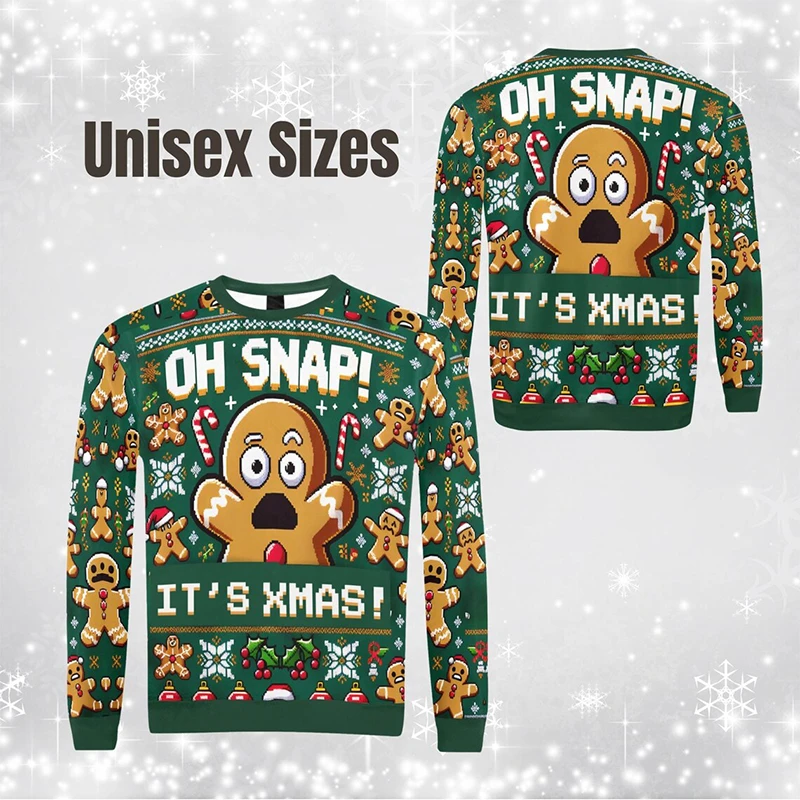 Christmas Men's Long Sleeves Hoodies Funny Holiday Party Gingerbread Man Pattern Ugly Sweatshirts 3D Print Pullover Cookies Tops