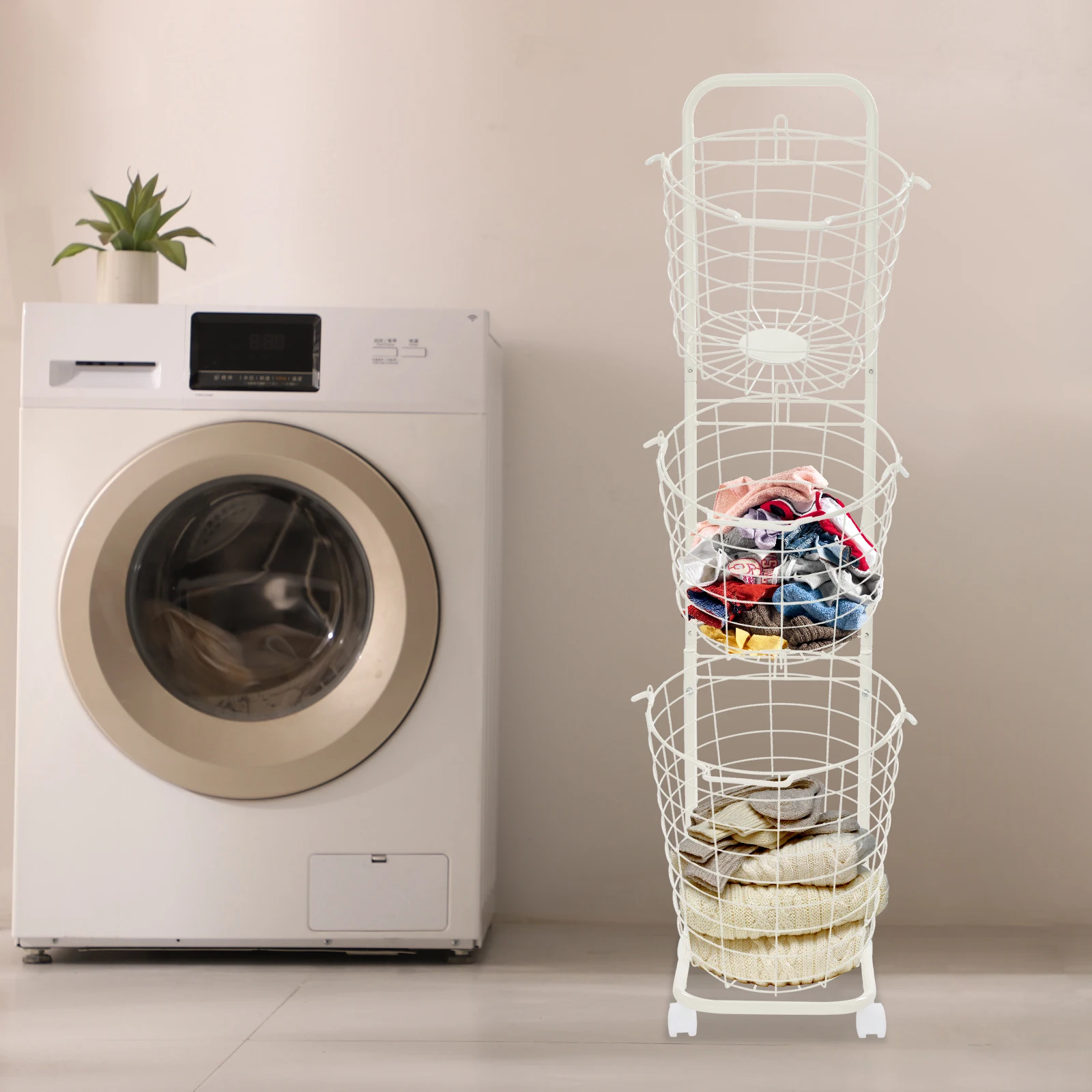 

3-Tier Hamper with Locking Wheels, Heavy-Duty Metal Basket Organizer, Stackable Removable Wire Baskets for Bedroom Closet