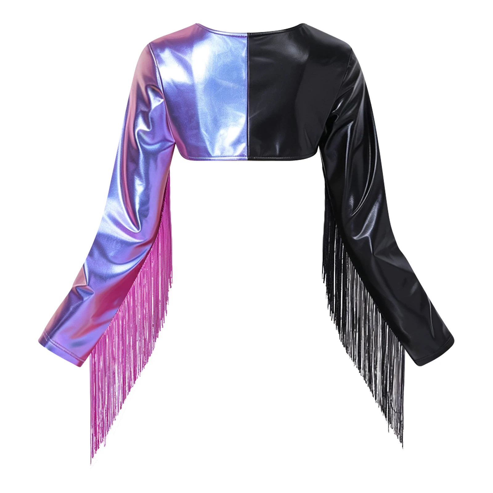 Women Long Tassel PU Leather Crop Shrug Jacket Tops Metallic Shiny Crew Neck Crop T-shirt Fringed Bolero Jacket Top Clubwear