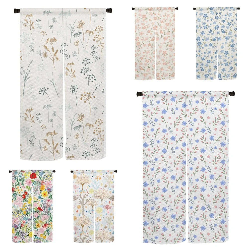 Japanese Floral Noren Door Curtain Cherry Blossom Blue Flower Design Decorative Partition Living Room Bedroom Home Half Curtain