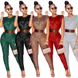 S-2XL Chic Large Size Y2k Streetwear Bright Body Jumpsuits Woman Sequin African Summer Outfits For Women 2024 Bodysuite Overalls