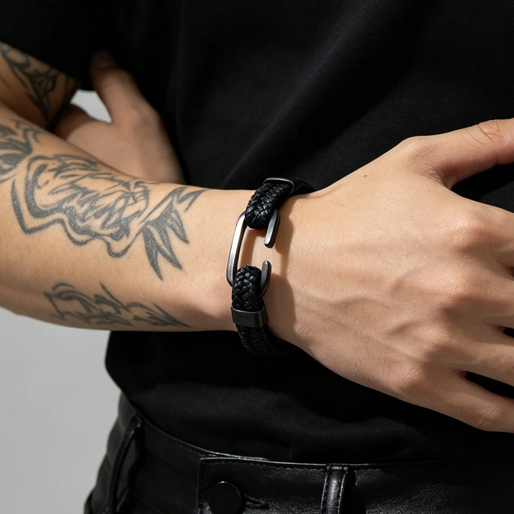 

Amorcome Vintage Black/Brown Weave Leather Bracelet for Men Punk Hip Hop Stainless Steel Open Buckle Wide Bangle Hand Jewelry