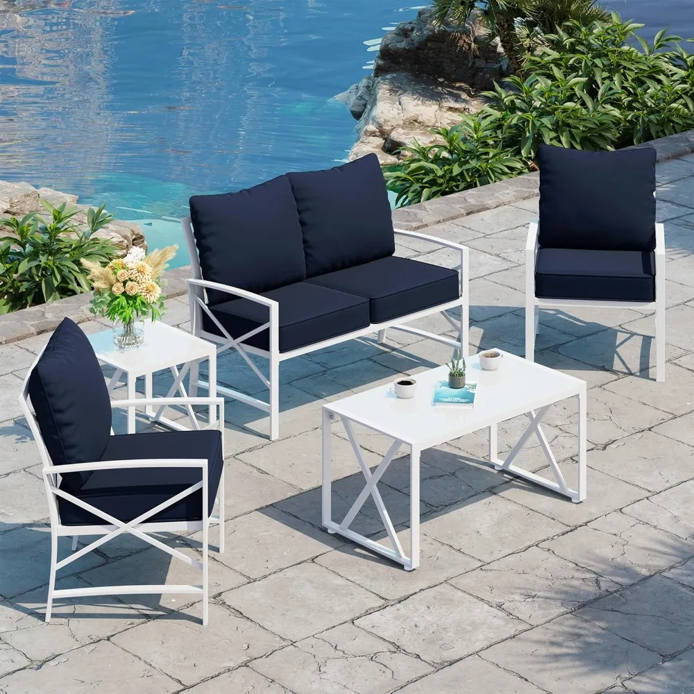 5-piece outdoor furniture set, white metal sofa set with loveseat, two single chairs and two coffee tables, dark blue