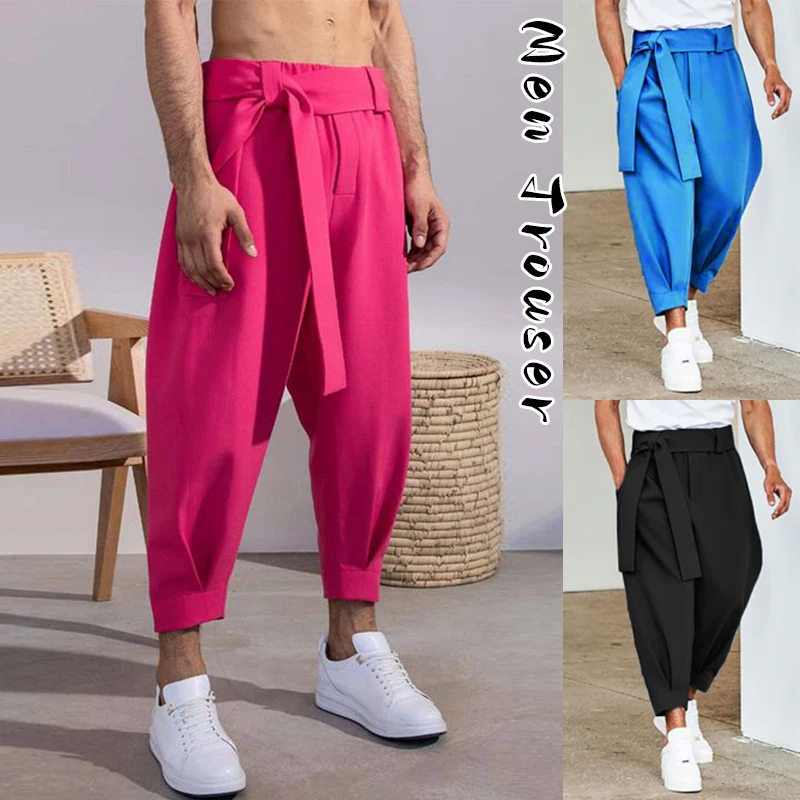 

Rose/Black Men Fashion Leisure Pants Solid Joggers Drawstring Belt Baggy Harem Trousers Pockets Casual Spring Fall Streetwear