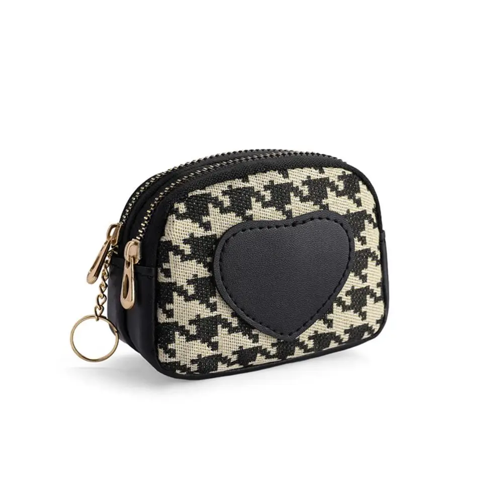 Pu Leather Canvas Coin Purse Car Key Bag Printing Houndstooth Zipper Purse Money Clip Change Purse Short Style Wallet Travel