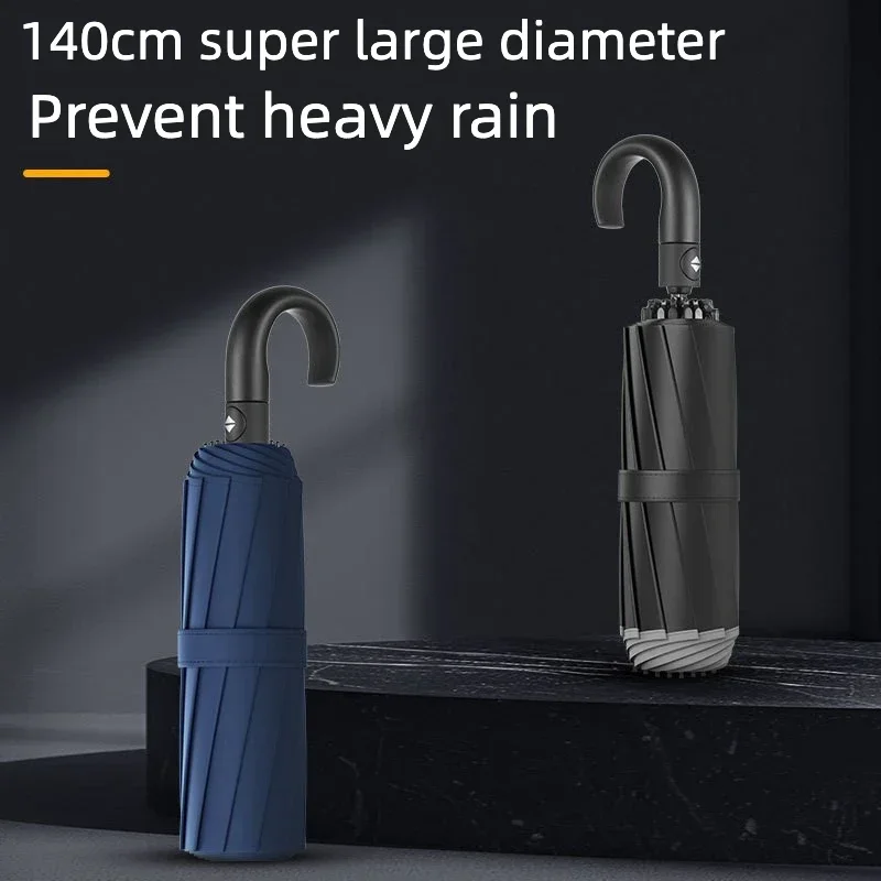 140cm Super Large Curved Handle Umbrella Automatic Storm Umbrella Outdoor Triple Folding Sunny and Rain Umbrella for Men Women